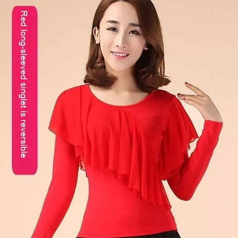 Square Dance Clothing Mesh Round Neck Latin Dance Dancing Practice Clothes Red Long Sleeve Top - Shop at LoveMi