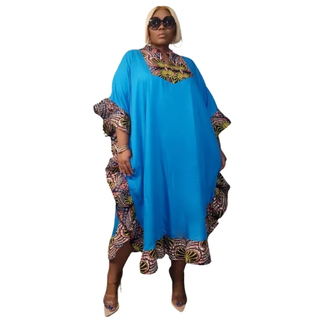 Lace trimmed Printed Patchwork Plus size Dress Blue - Shop at LoveMi