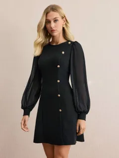 Women's Round Neck Clinch Slim Long Sleeve Solid Colour Dress - Black - View 1