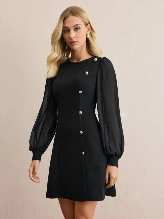 Women's Round Neck Clinch Slim Long Sleeve Solid Color Dress Black - Shop at LoveMi