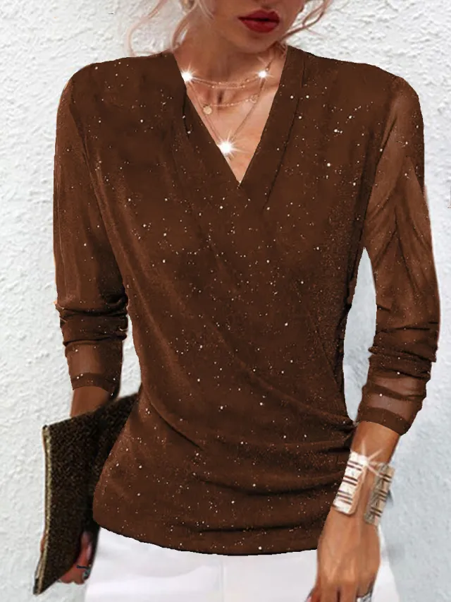 Women's Cross V Neck Mesh Base Top Coffee - Shop at LoveMi