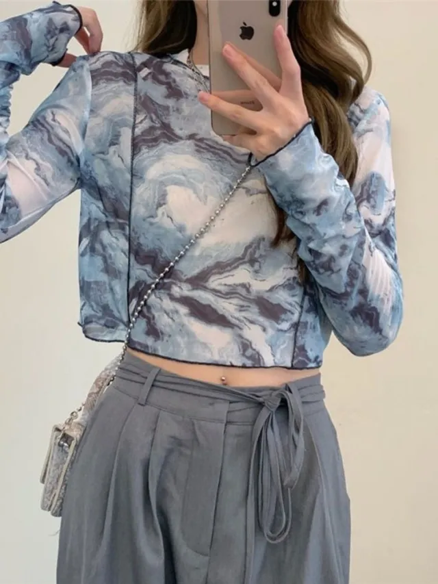 Summer New Short Tie dyed Bottoming Shirt For Women Underwear Crew Neck Blue - Shop at LoveMi