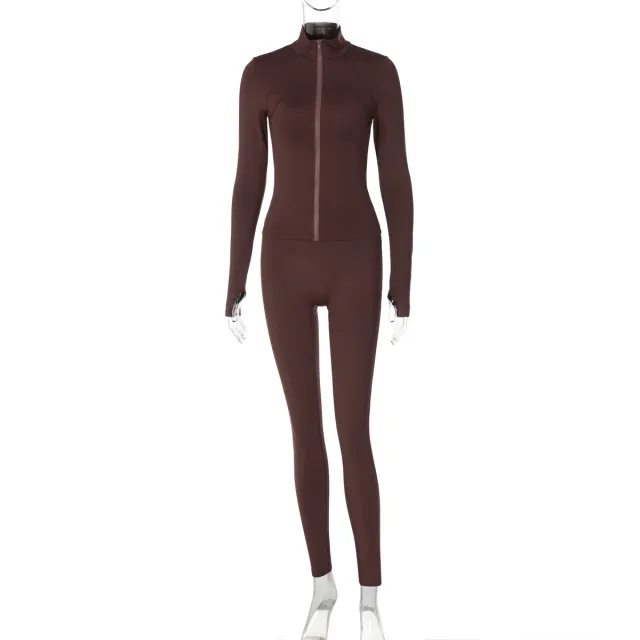 Cardigan Turtleneck Long Sleeve Top Slim Fit Sports Yoga Trousers Suit Brown - Shop at LoveMi