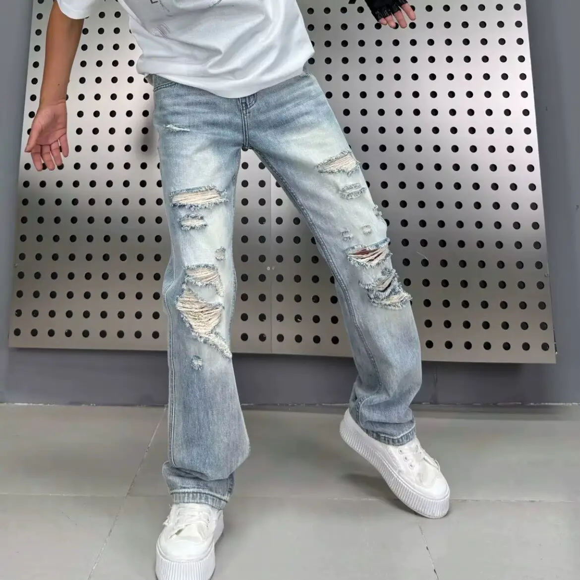 Fumei Personalized Perforated Design Denim Casual Versatile