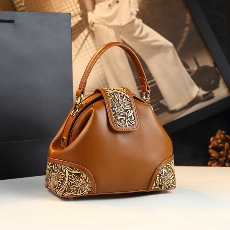 Fashionable Genuine Leather Shoulder Bag With Leather Carving And Floral Patterns