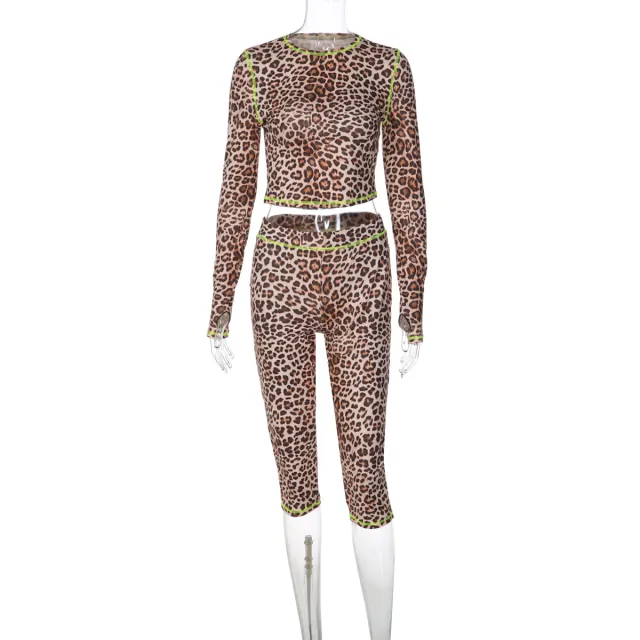 Womens Fashion Leopard Print Long Sleeve Top And Slim Fit Pants Set Leopard - Shop at LoveMi