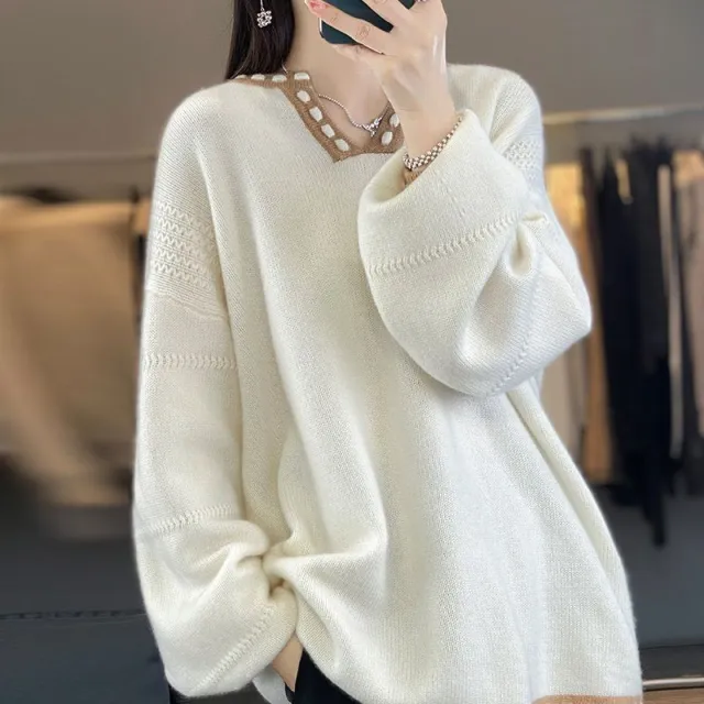 V neck Sweater Women's Fashionable Outer Wear Top White - Shop at LoveMi