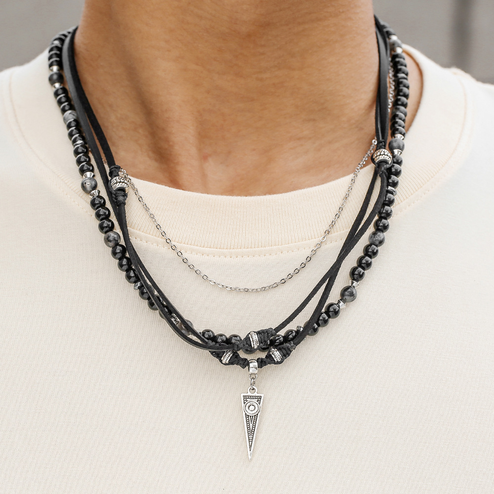 Mens Hip-Hop Multi-Layer Leather Rope Necklace In Retro Style
