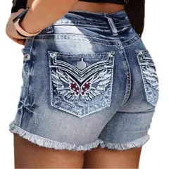Women's Denim Shorts Embroidery Design Washed Frayed Hem - 311 Blue - View 1