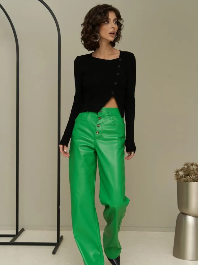 Straight Casual Button Leather Trousers For Women Green - Shop at LoveMi