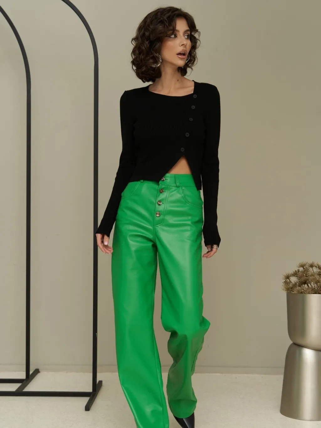Straight Casual Button Leather Trousers For Women - Green