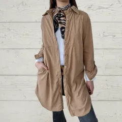 Women's Shirt Lapel Pocket Corduroy Jacket - Khaki - View 1