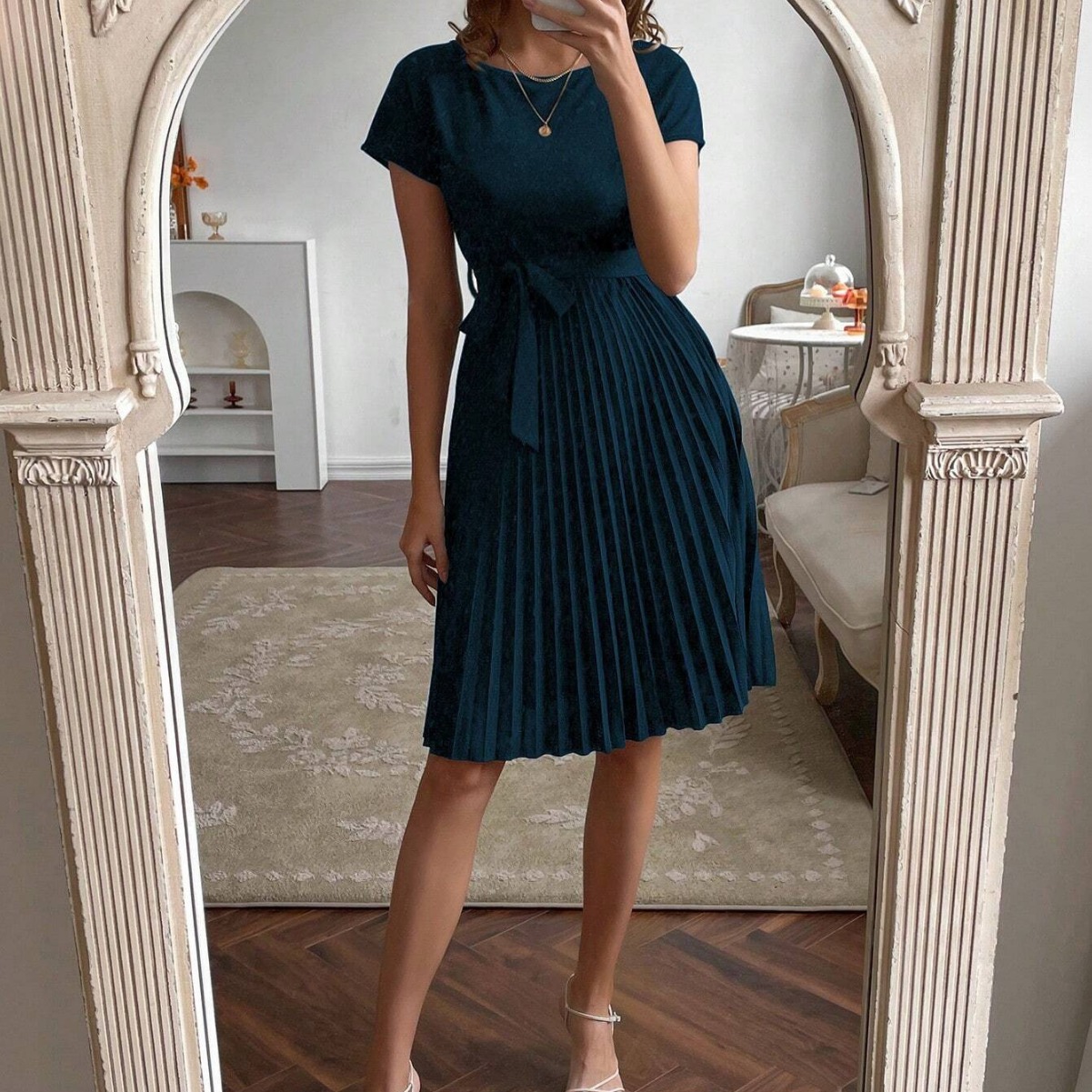 Solid Color Belt Pleated Batwing Sleeve Women Long Dress