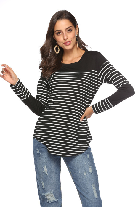 Title 14, Casual striped stitching long-sleeved loose T-s...