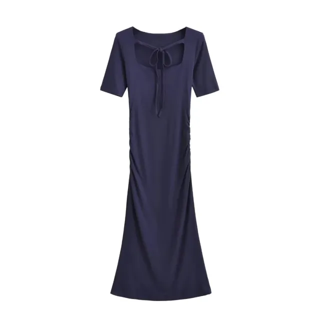 Square Neck Tie waist Pleated Short Sleeve Dress Blue - Shop at LoveMi