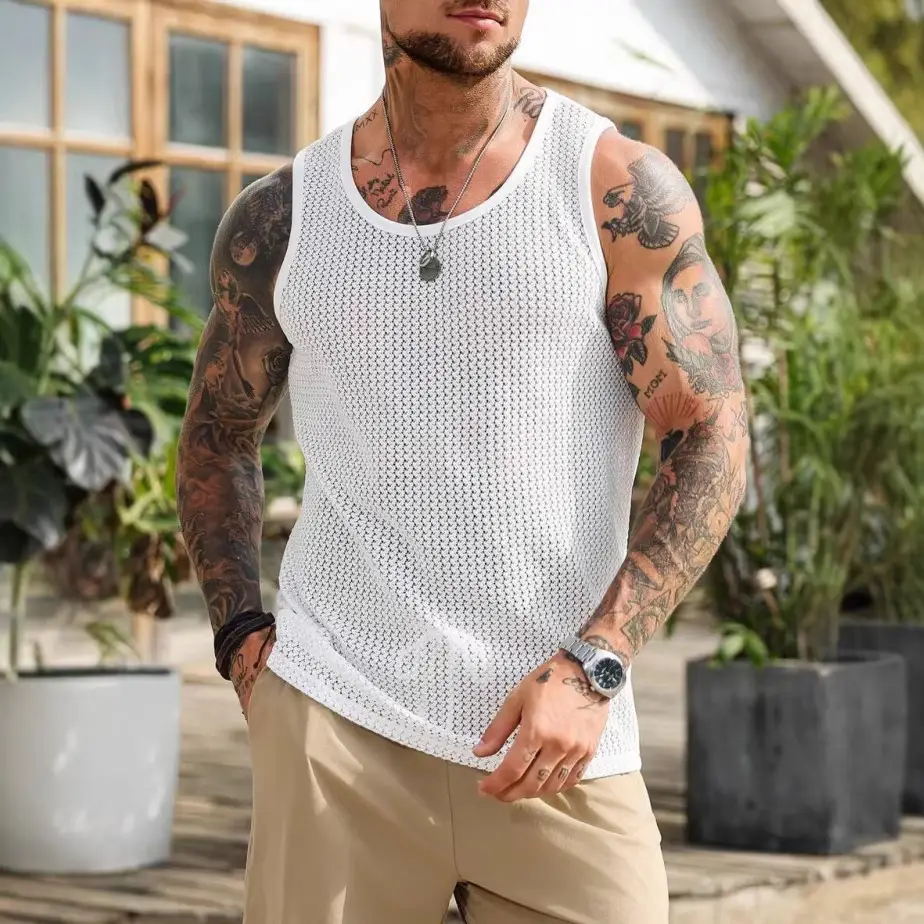 Men's Summer New Casual Resort-Style Solid-Colored Hollow-Out Jacquard Vest