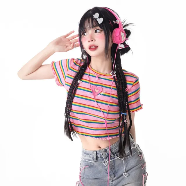 Women's Colorful Striped Short sleeved T shirt Summer Slim Fit Slimming Pink - Shop at LoveMi