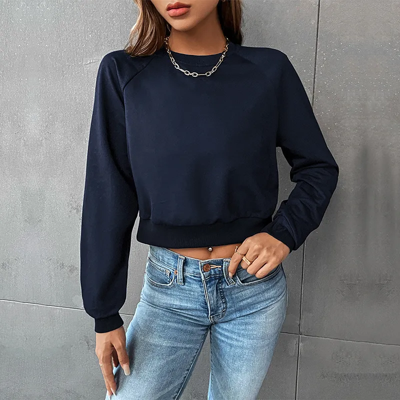 European And American Long Sleeve Round Neck Solid Color Hoodie Women - Blue