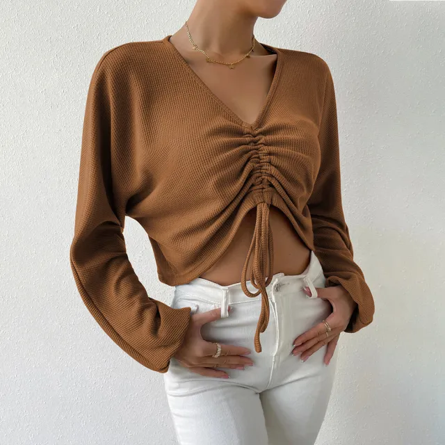 Casual V neck Drawstring Waffle Long sleeve T shirt Crop Top Brown - Shop at LoveMi