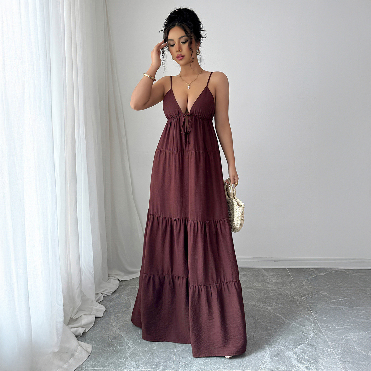 Elegant And Sophisticated Spaghetti Strap Maxi Dress For Women Wine - Shop at LoveMi