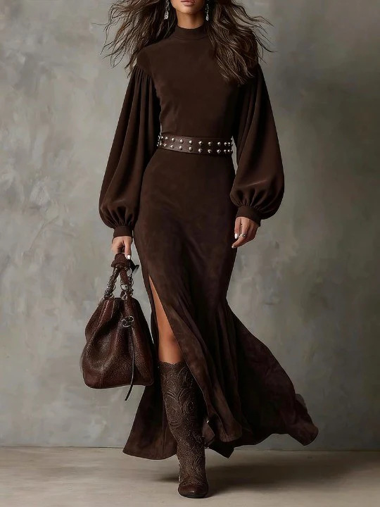 Retro Lantern Long Sleeve Half high Neck Slim Slit Dress Brown - Shop at LoveMi