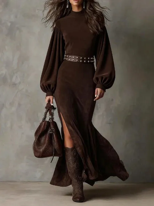 Retro Lantern Long Sleeve Half high Neck Slim Slit Dress Brown - Shop at LoveMi