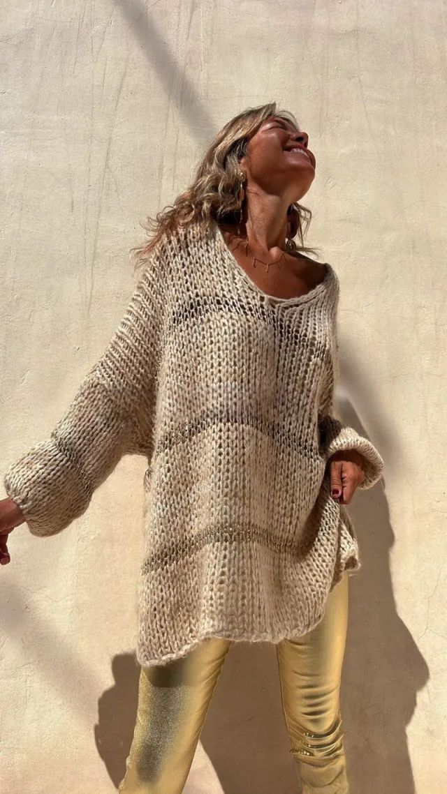 Women's Clothing Fashion V neck Loose Solid Color Knitted Sweater Apricot - Shop at LoveMi