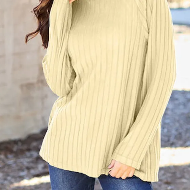 Rib Round neck Long sleeved Knitted Top Soft Apricot - Shop at LoveMi