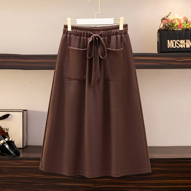 Elastic Waist Loose Slimming Autumn And Winter New Plus Size Women's Skirt - Brown