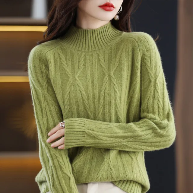 Pure Wool Autumn And Winter Women's Short Half Turtleneck Solid Color Sweater Avocado Green - Shop at LoveMi