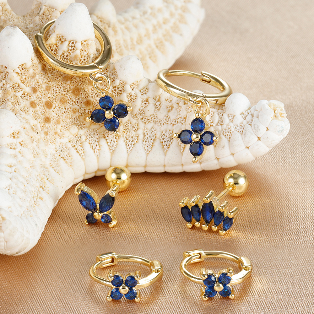 Light Luxury Minority Design Blue Zircon Four-leaf Earrings