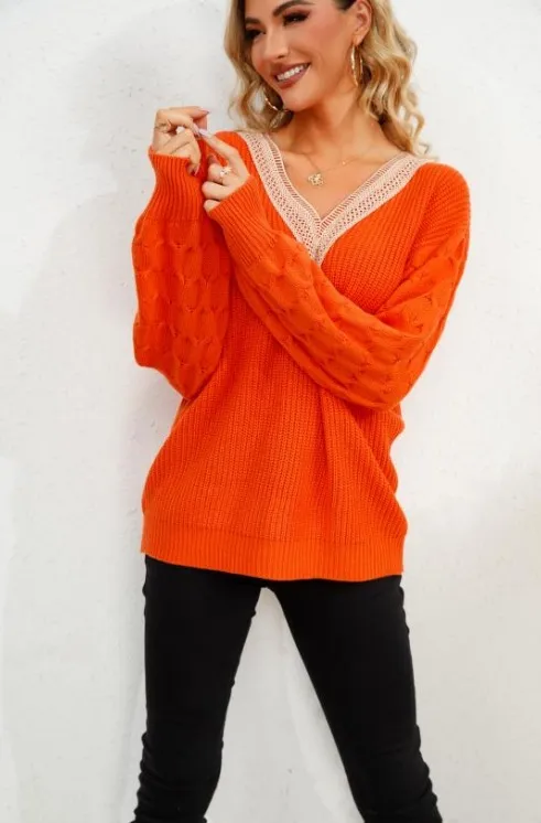 European And American Spring And Autumn V neck Sweater Orange - Shop at LoveMi