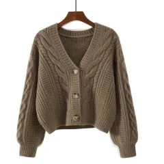 Retro V-neck Knitted Cardigan Women's Short Sweater - Camel - View 1
