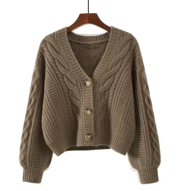 Retro V neck Knitted Cardigan Women's Short Sweater Camel - Shop at LoveMi