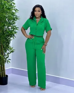 Solid Color Short Sleeve Fashion Casual Two-piece Suit - Green - View 1
