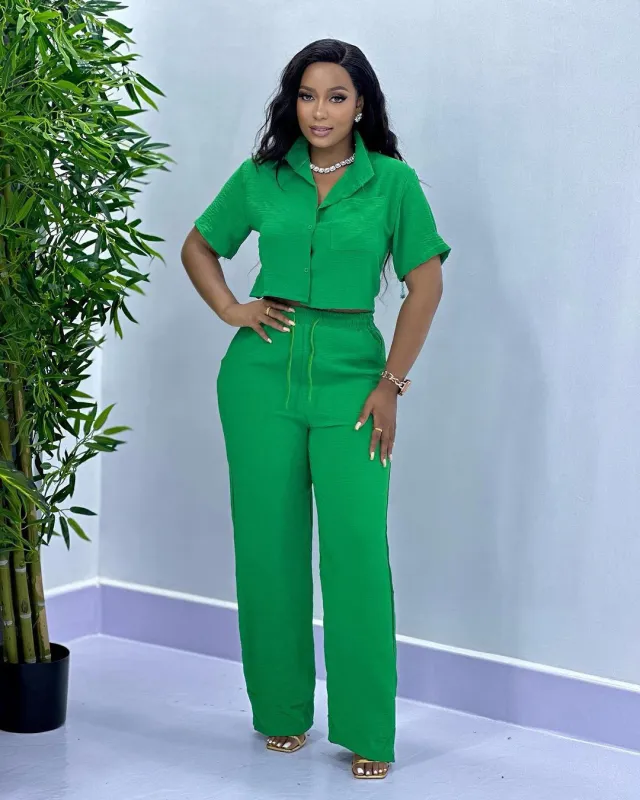 Solid Color Short Sleeve Fashion Casual Two piece Suit Green - Shop at LoveMi