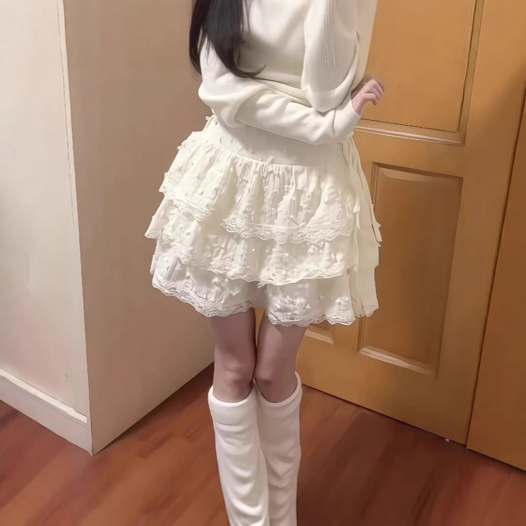 Short Lace-trimmed High-waisted Cake-style Puffy Skirttrendy