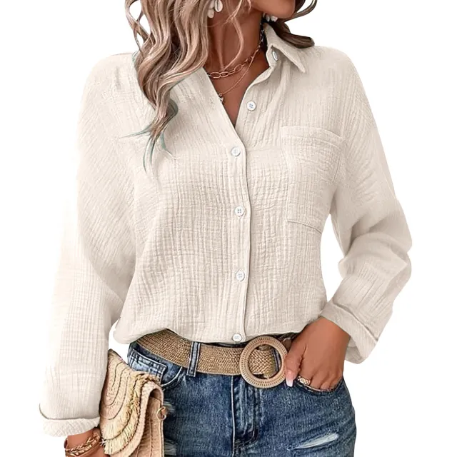 Solid Color Casual Loose Long Sleeve Linen Shirt Apricot - Shop at LoveMi