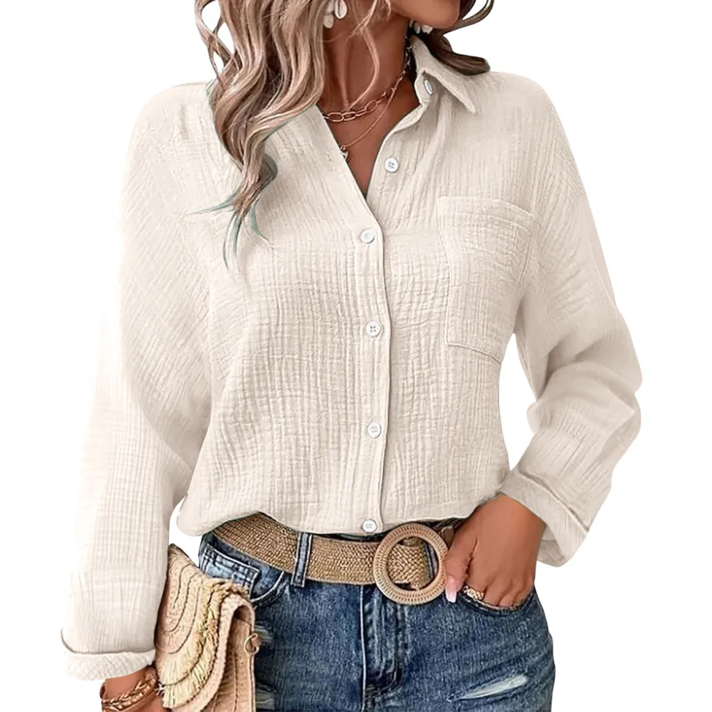Solid Color Casual Loose Long Sleeve Linen Shirt - Apricot