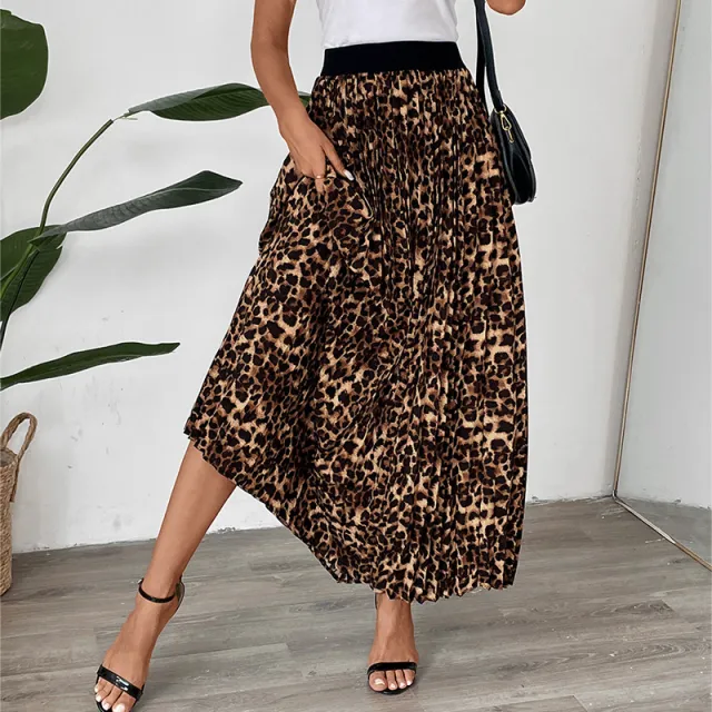 Pleated Fashion Mid length Leopard Print Skirt Coffee - Shop at LoveMi