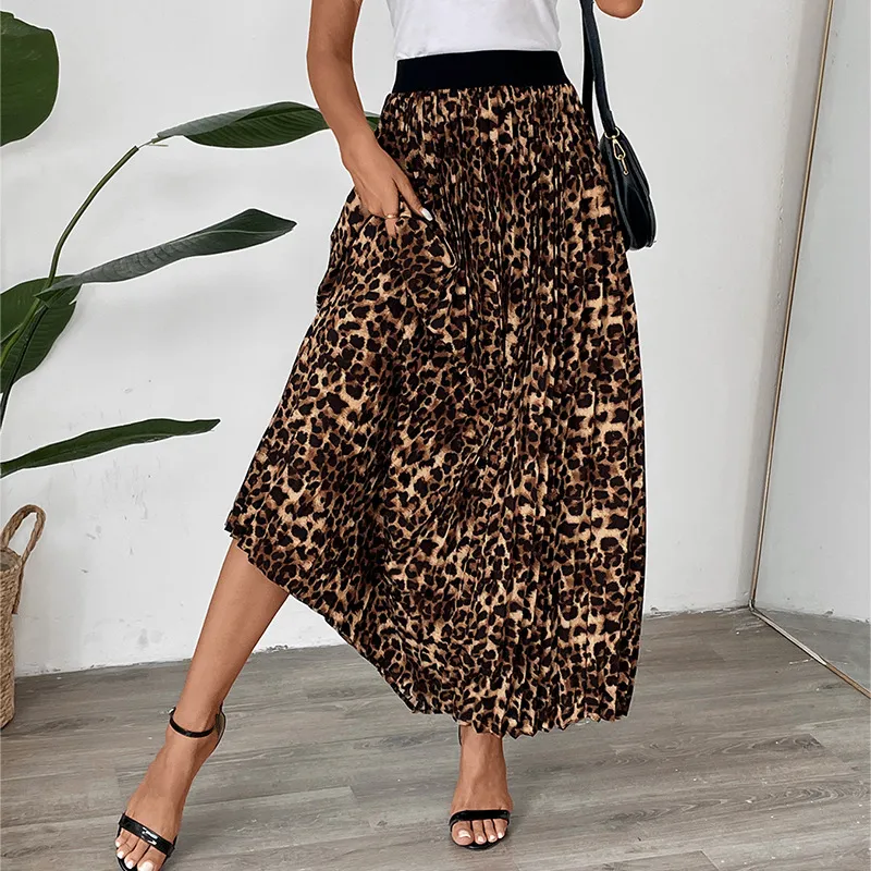 Pleated Fashion Mid-length Leopard Print Skirt - Coffee