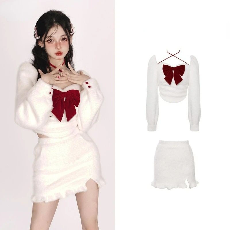 White Bow Top Half Skirt Set For Women