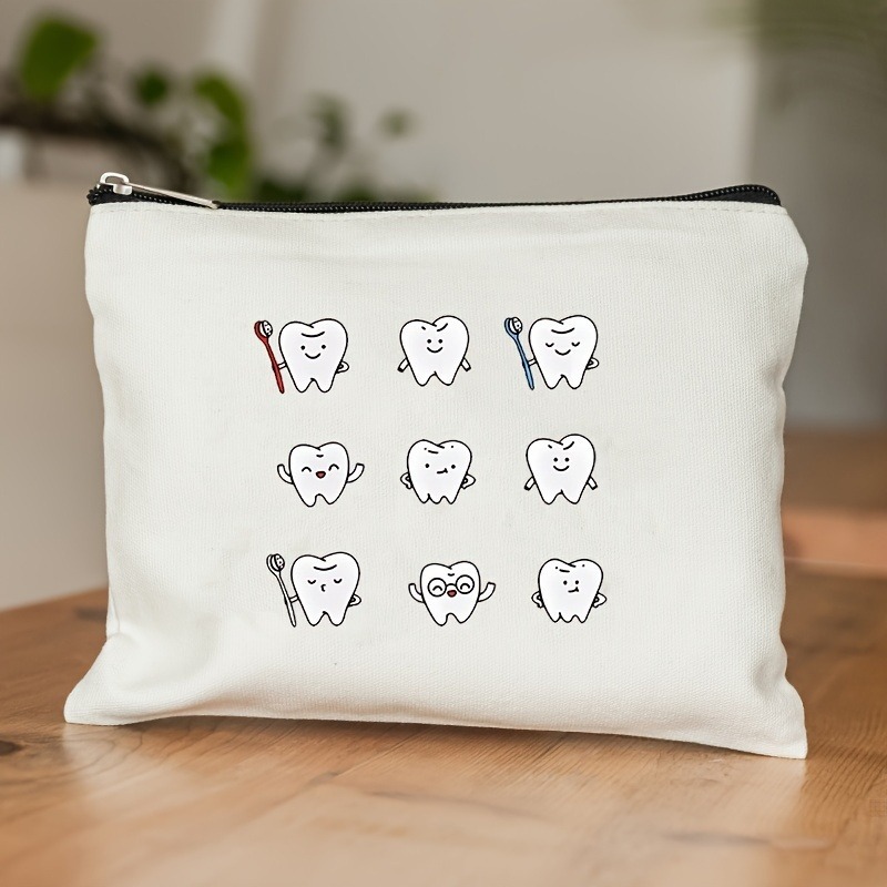 Tooth-patterned Canvas Zip Pouch For Kids Travel