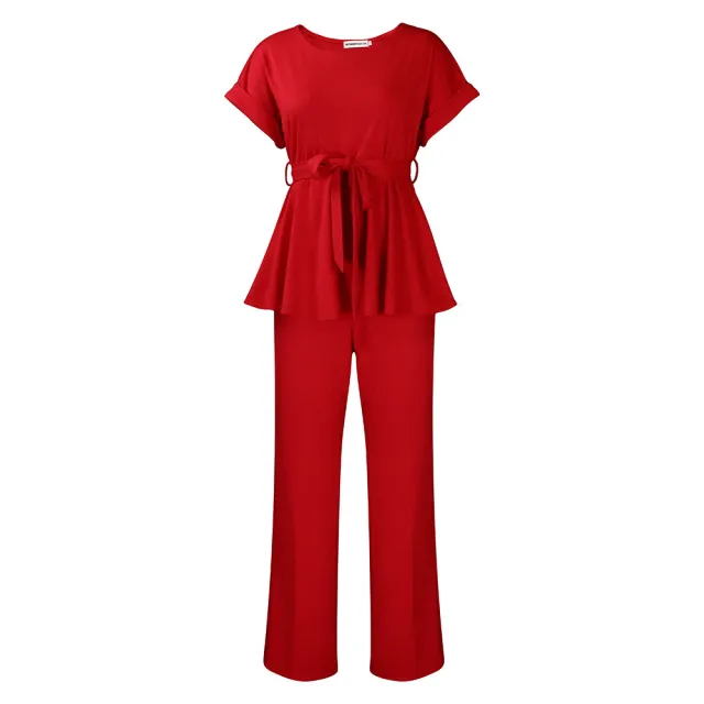 Solid Color Lace up Top High Waist Wide Leg Pants Fashion Red - Shop at LoveMi