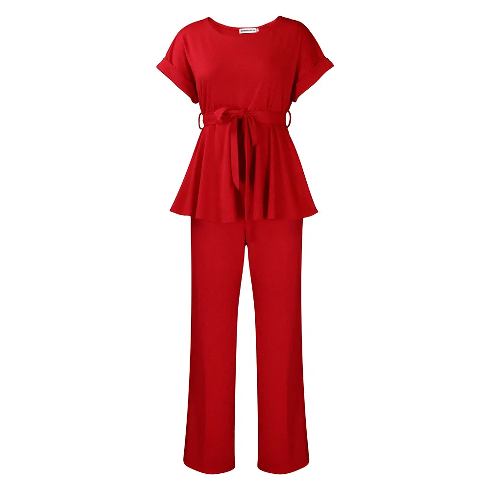 Solid Color Lace-up Top High Waist Wide Leg Pants Fashion - Red