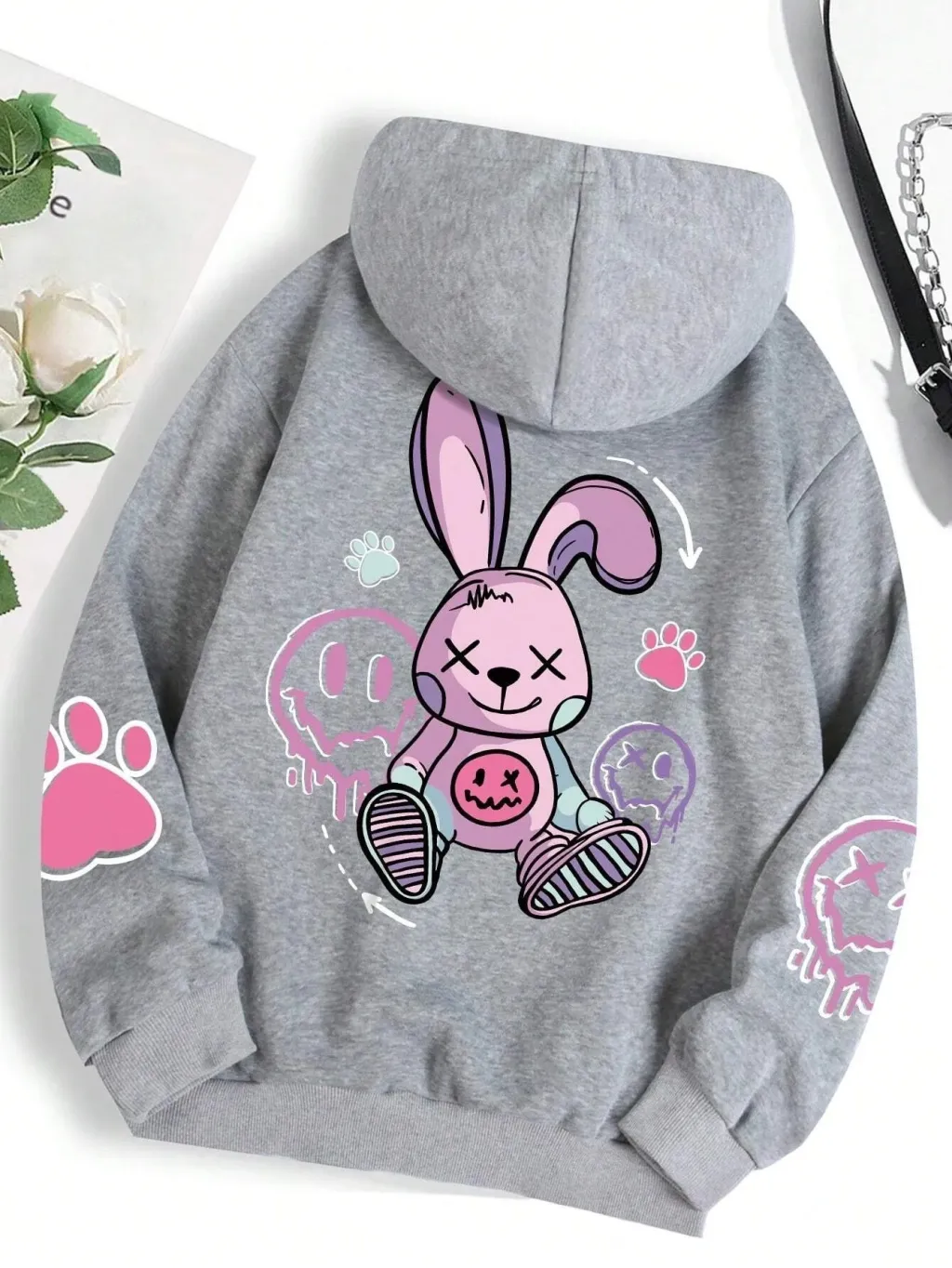 European And American Style Women Drop-shoulder Sleeve Printed Hooded Long Sleeve Sweater Simple New Product - Gray
