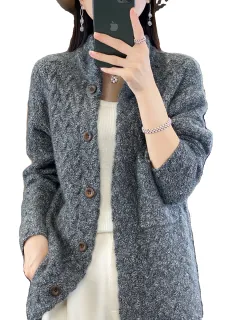 Women's Knitted Cardigan Thickened Twist - Black - View 1