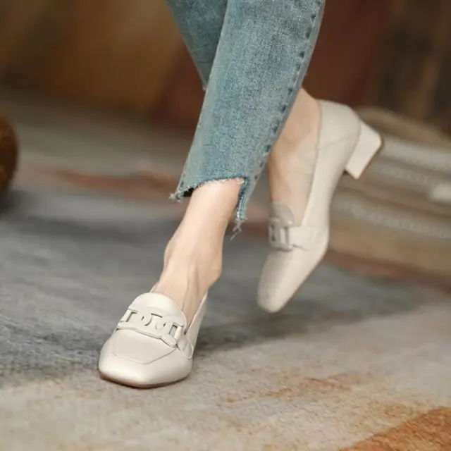 British Style Chunky Heel Pumps One Pedal Loafer Women's Mid Heel Beige - Shop at LoveMi