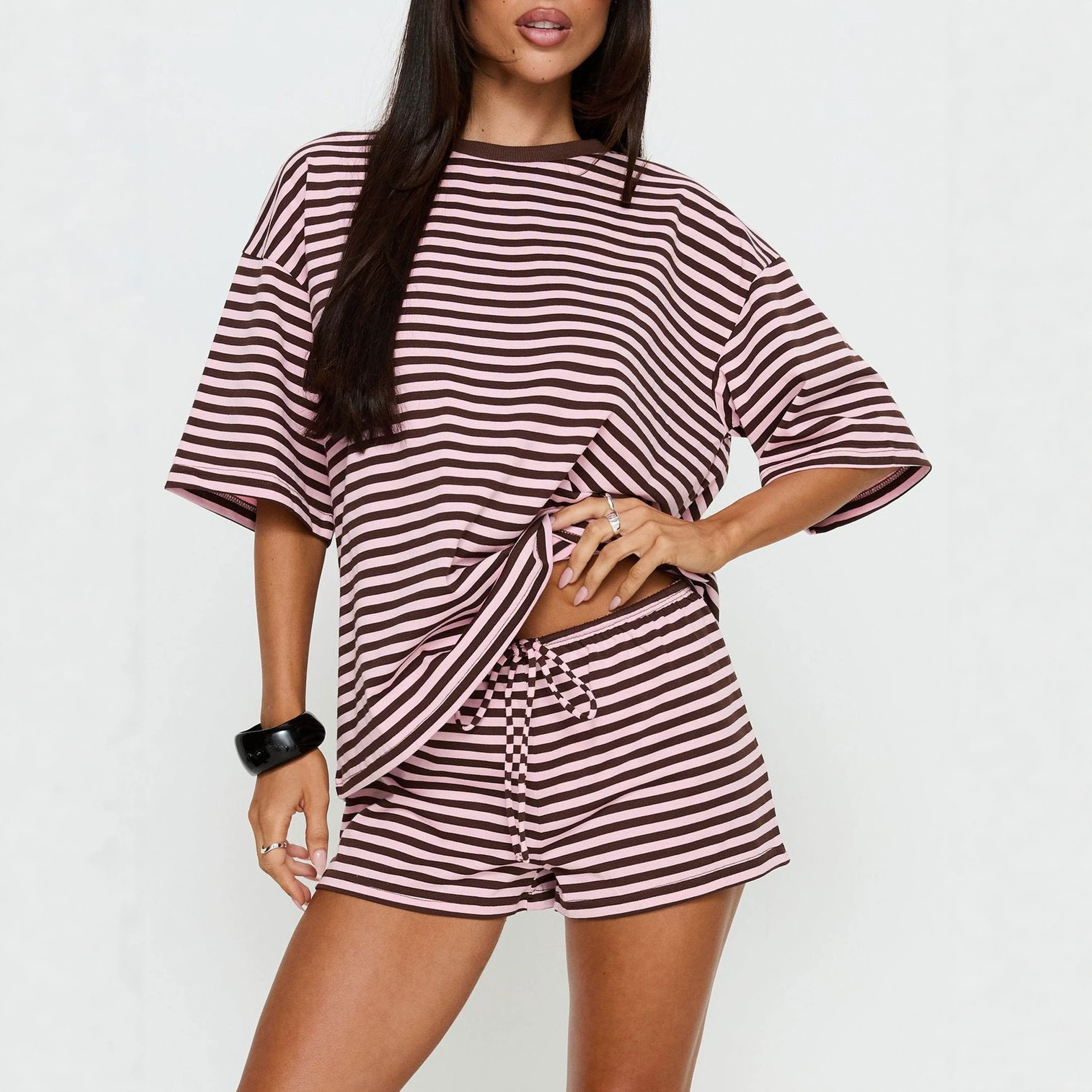 Womens Fashionable Casual Striped Drawstring Short-Sleeve Shorts Set