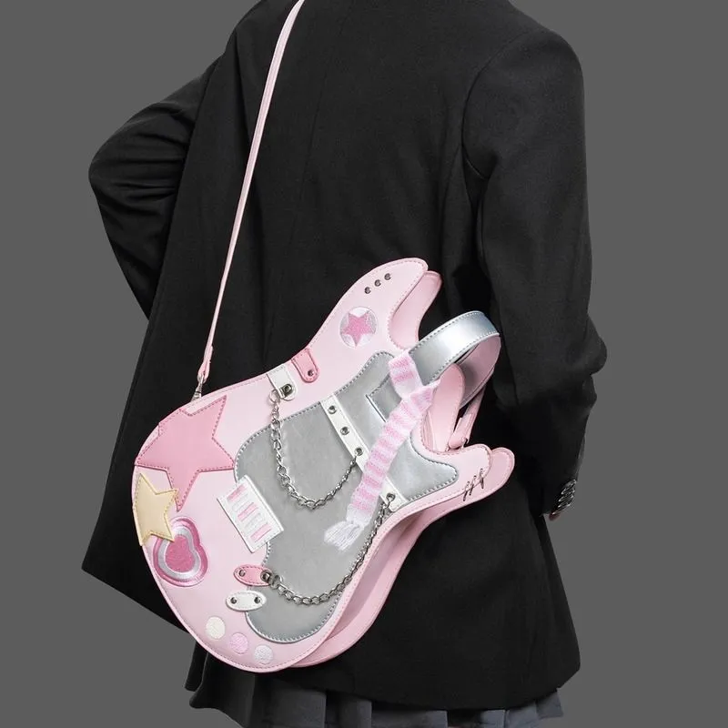 Creative Contrast Color Cute Scarf Two Shoulders Cross-body Guitar Backpack Sweet - Pink